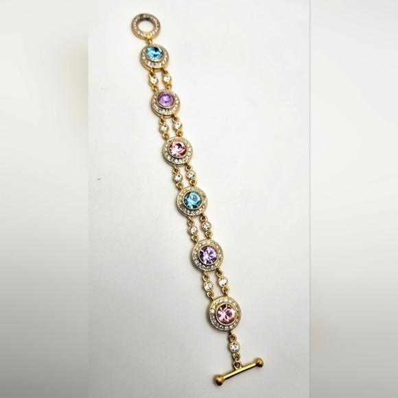 π’3/$19π’ Gorgeous Multicolor Pastels Gold Tone Toggle Halo Bezel Bracelet 7in - Picture 4 of 10